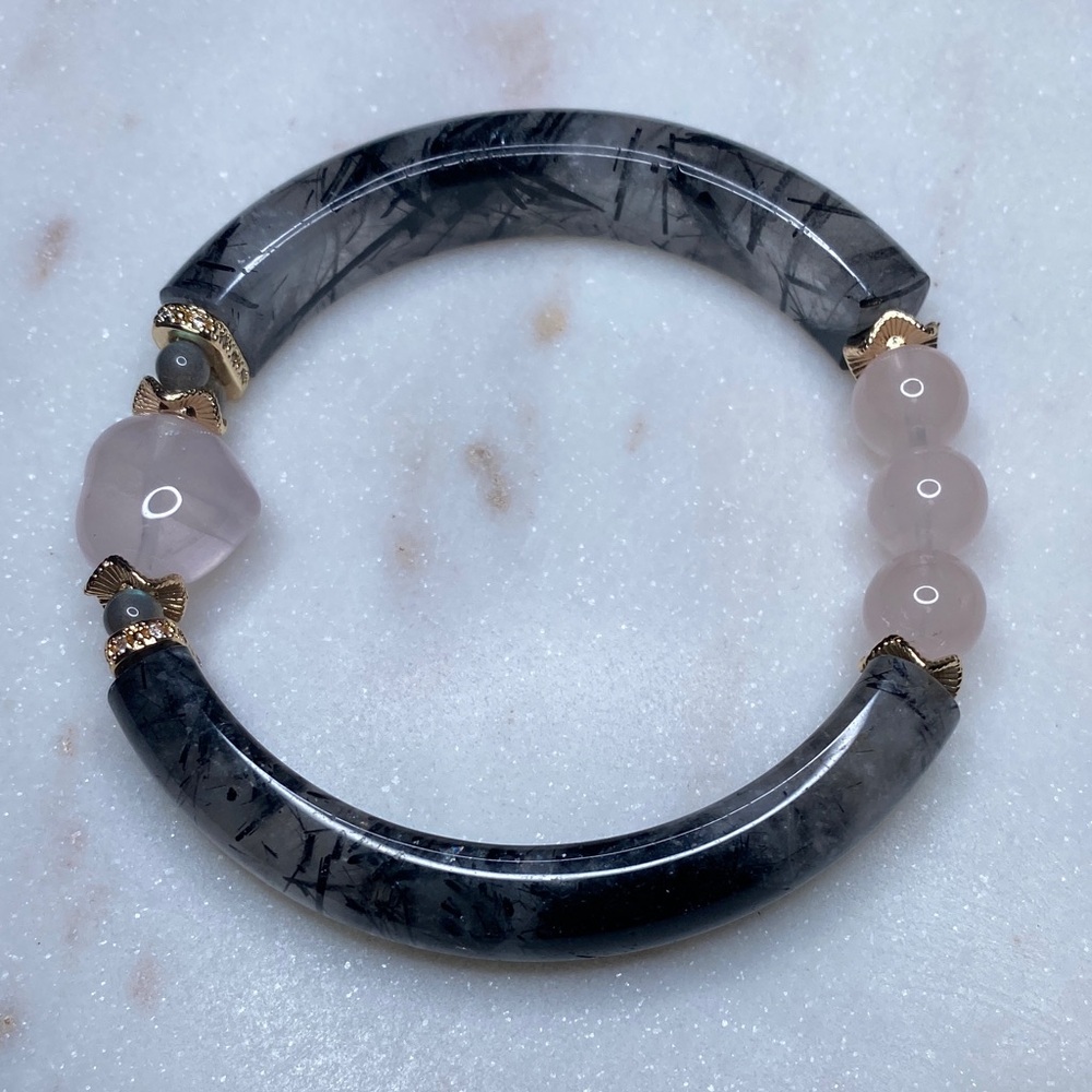 Black Tourmaline & Rose Quartz Heart Bangle Bracelet • Gold Accents • Protective - Picture 7 of 9